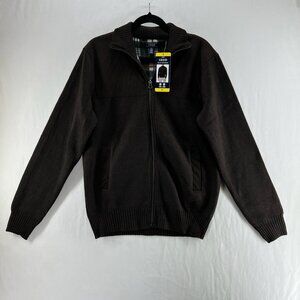 Izod Full Zip Lined Sweater Sz S Stand Collar Corduroy Chest Panel Stretch Brown